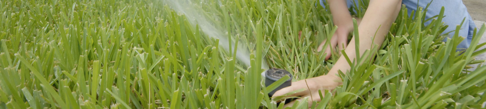 hands adjusting an irrigation rotor head in green grass