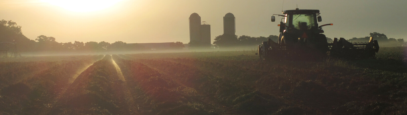 Tractor on a farm in morning fog