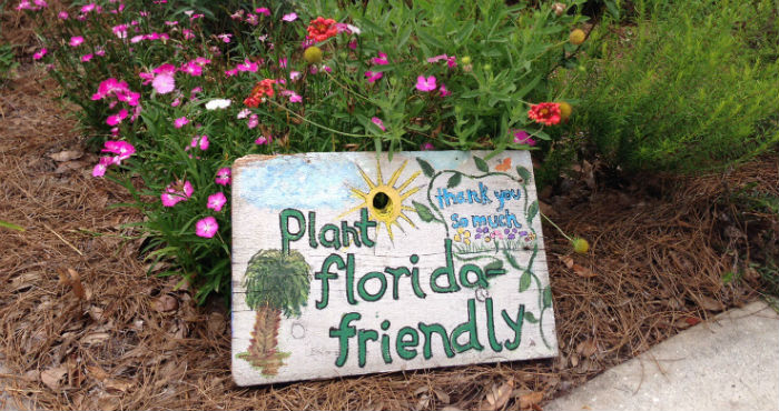 A handpainted sign in a garden. It reads, 