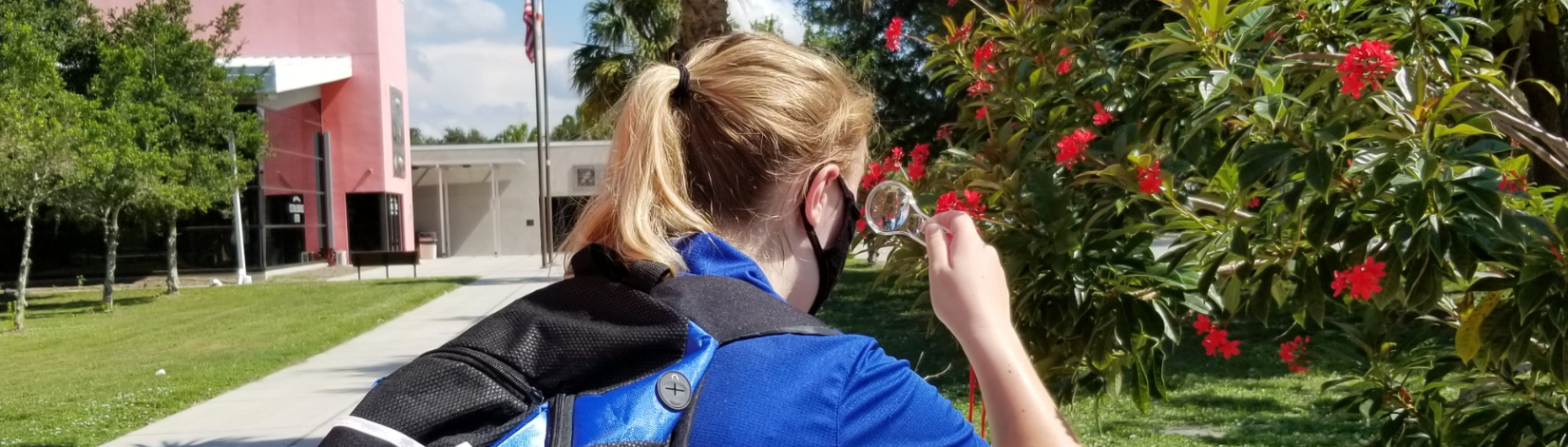 Student observing flowers through a magnifying lens