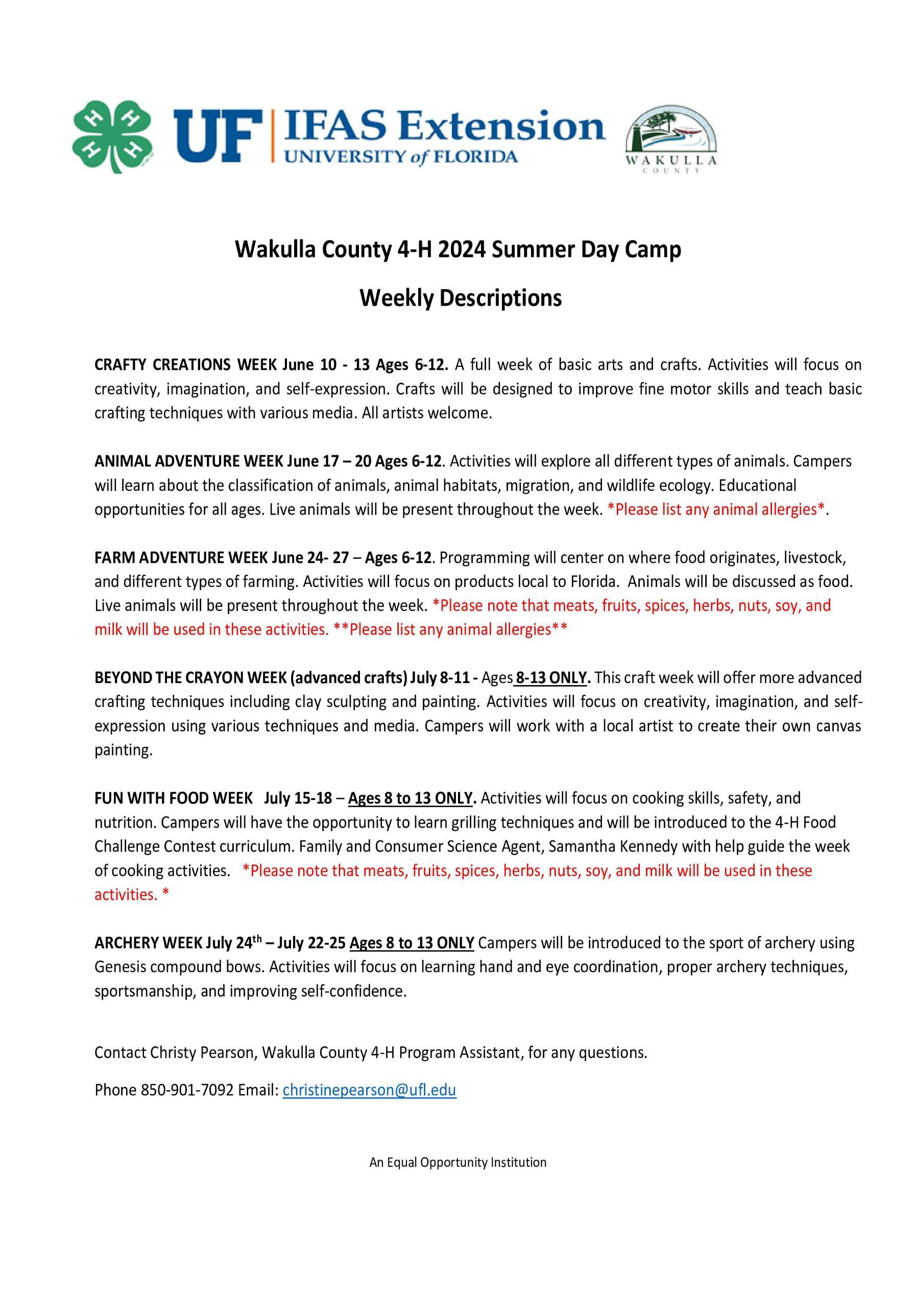 2024 4-H Summer Day Camp Weekly Theme