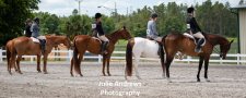 Four riders in competition gear line up on horses in a sandy arena, with numbered tags visible.