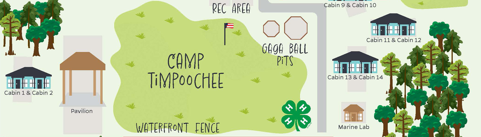 A detailed illustrated section of a map depicting Camp Timpoochee, showcasing its layout and key landmarks.