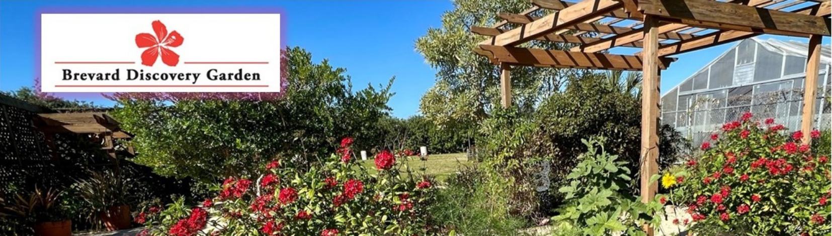 Gazebo with red flowers, bushes, pathway, and the Brevard Discovery Garden logo