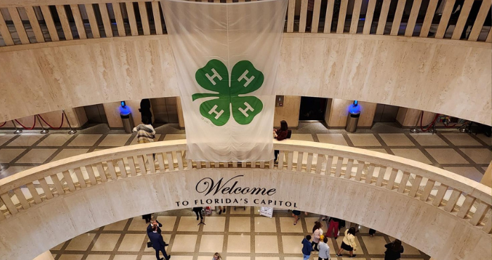image of the FL Lobby from the third story over a 4-H Banner