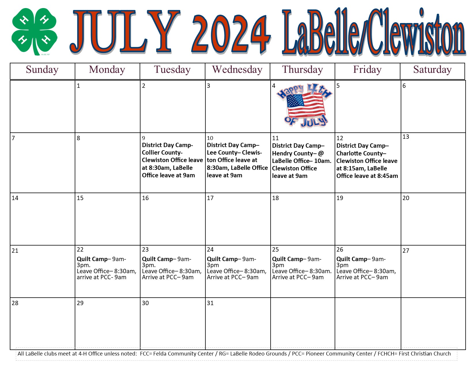 July Calendar for LaBelle