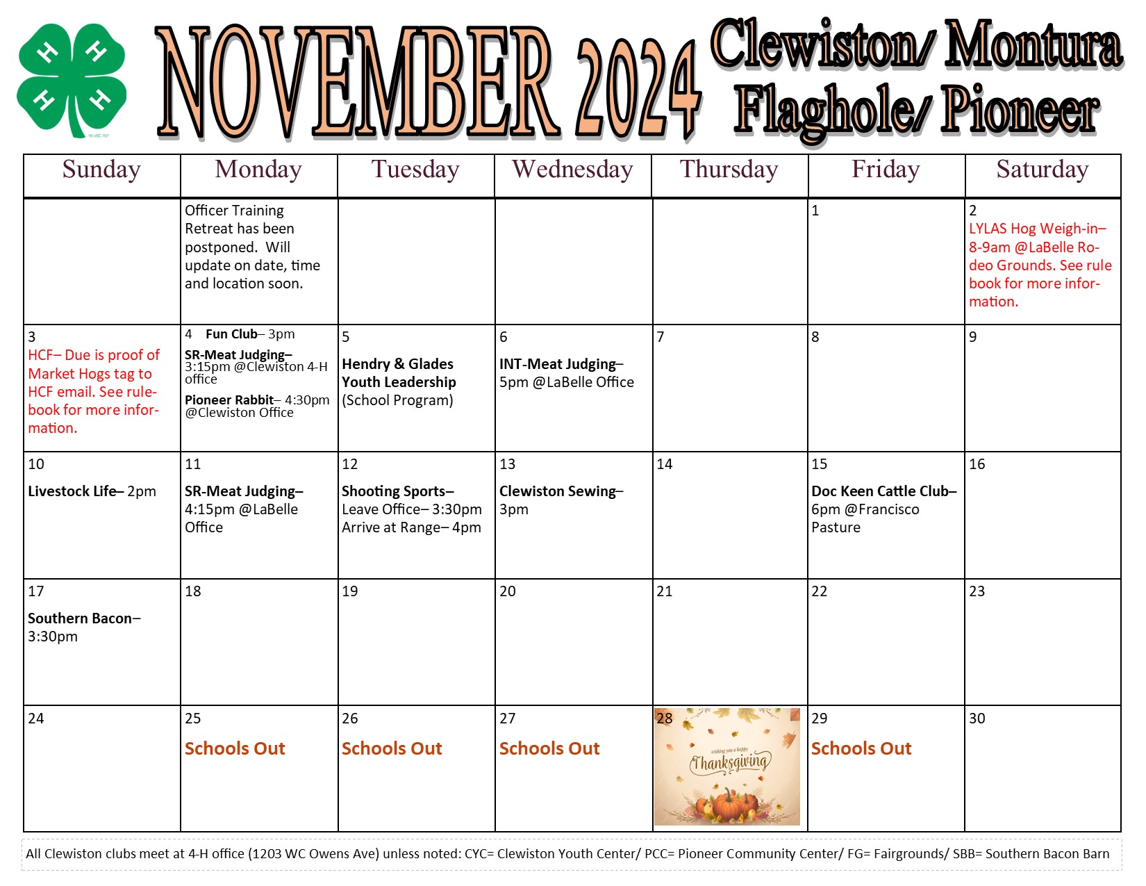 November Calendar for Clewiston