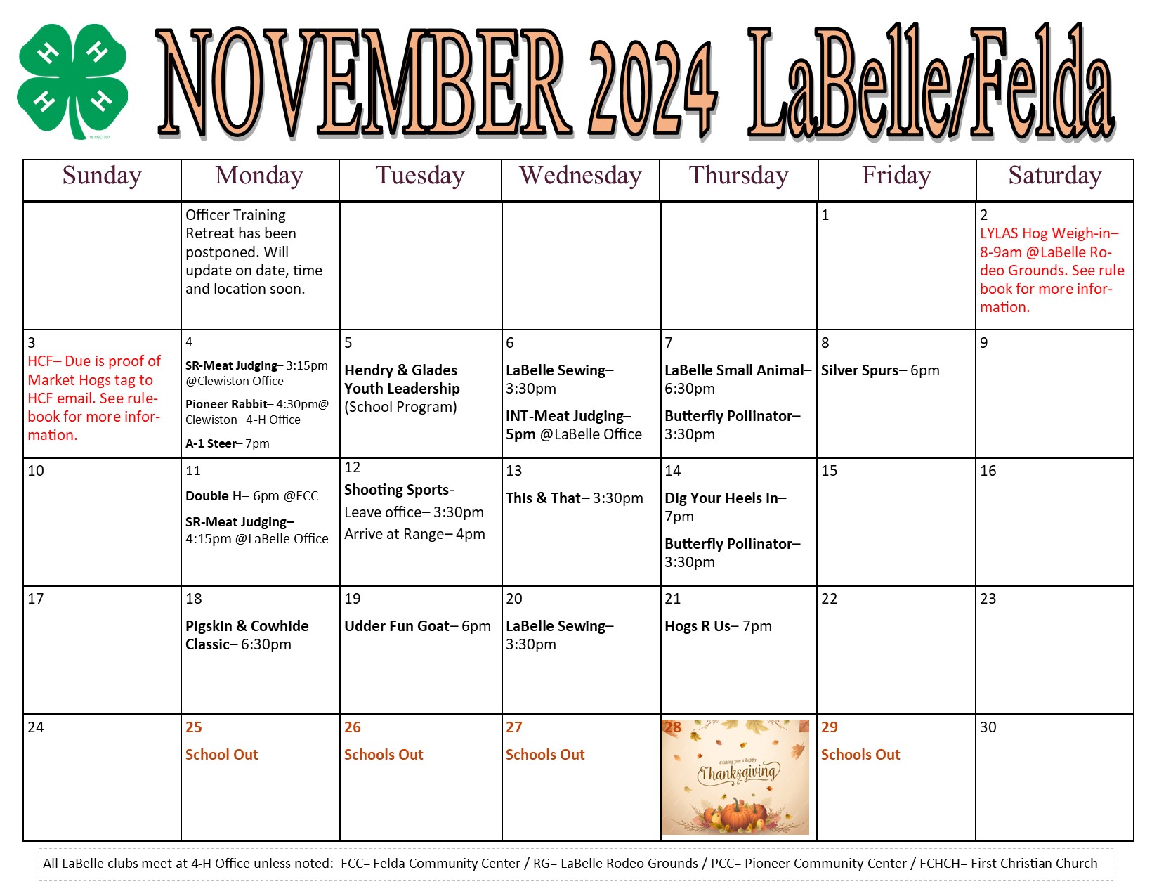 November Calendar for LaBelle