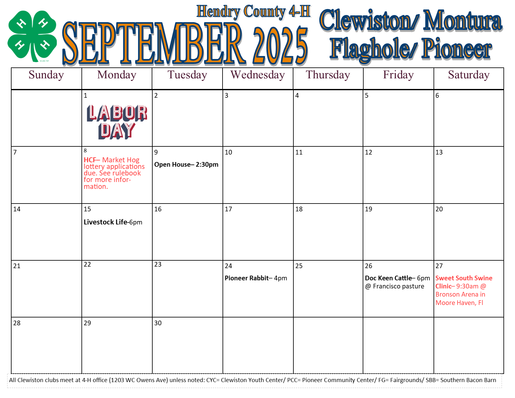September Calendar for Clewiston