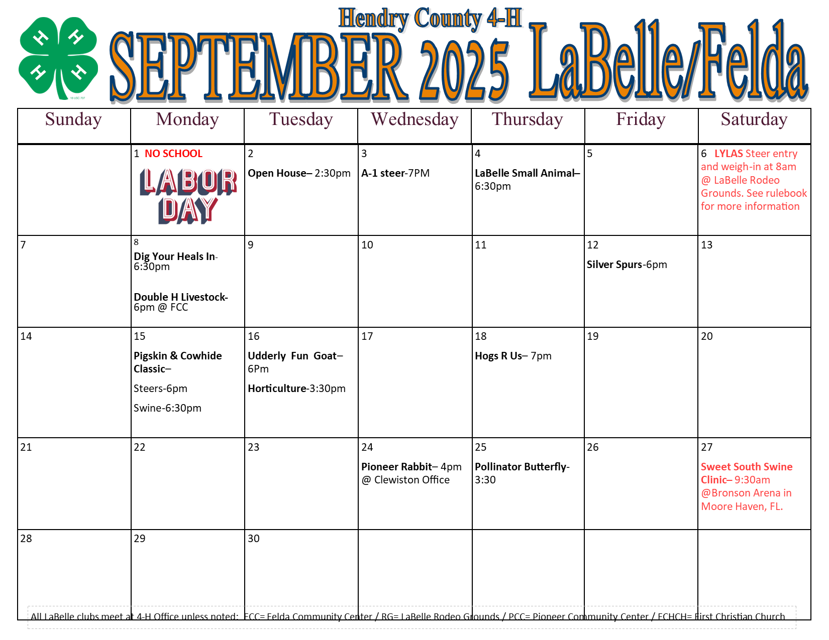 September Calendar for LaBelle