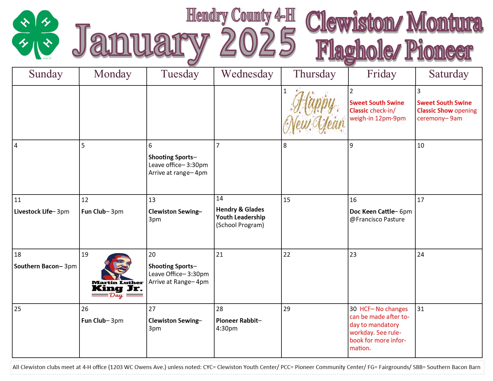 January Calendar for Clewiston