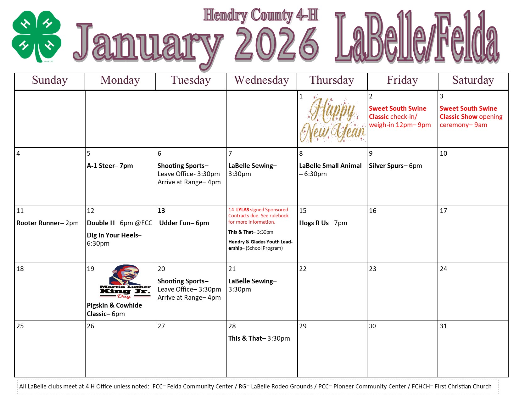 January Calendar for LaBelle