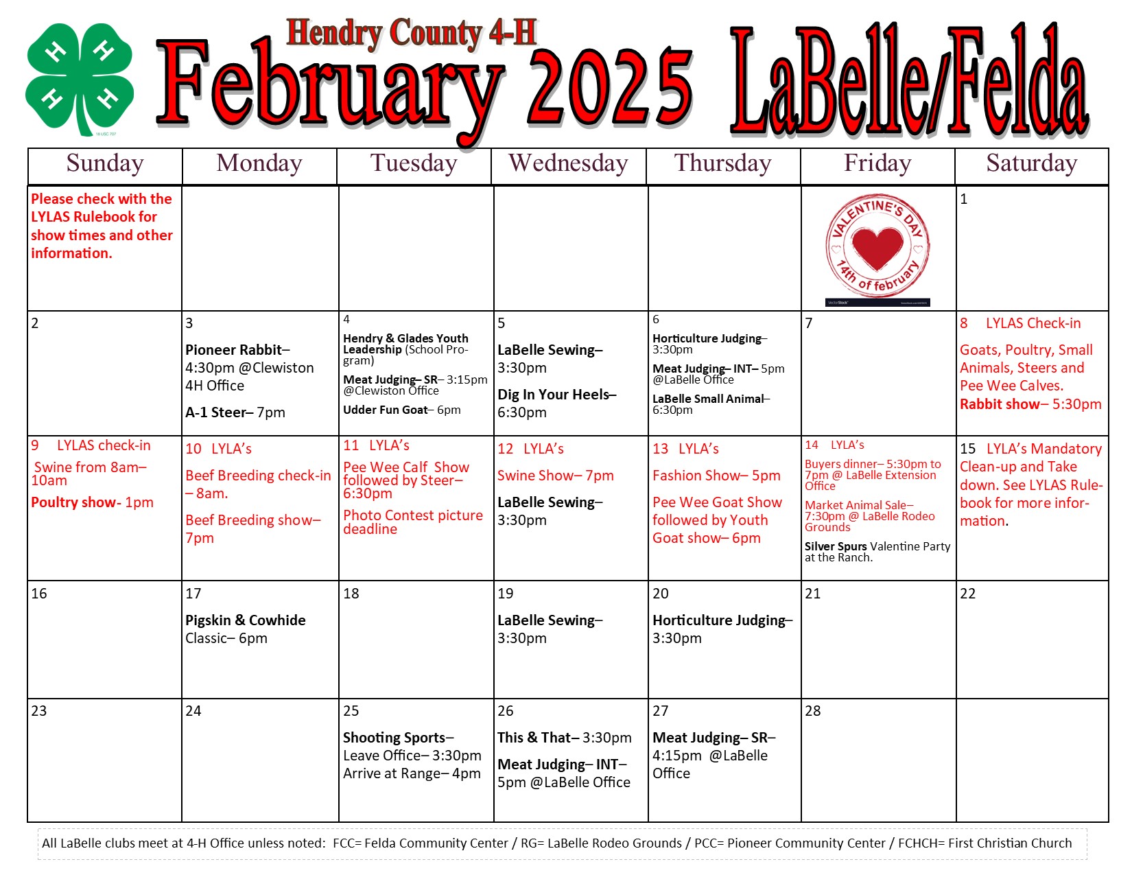 February Calendar for LaBelle