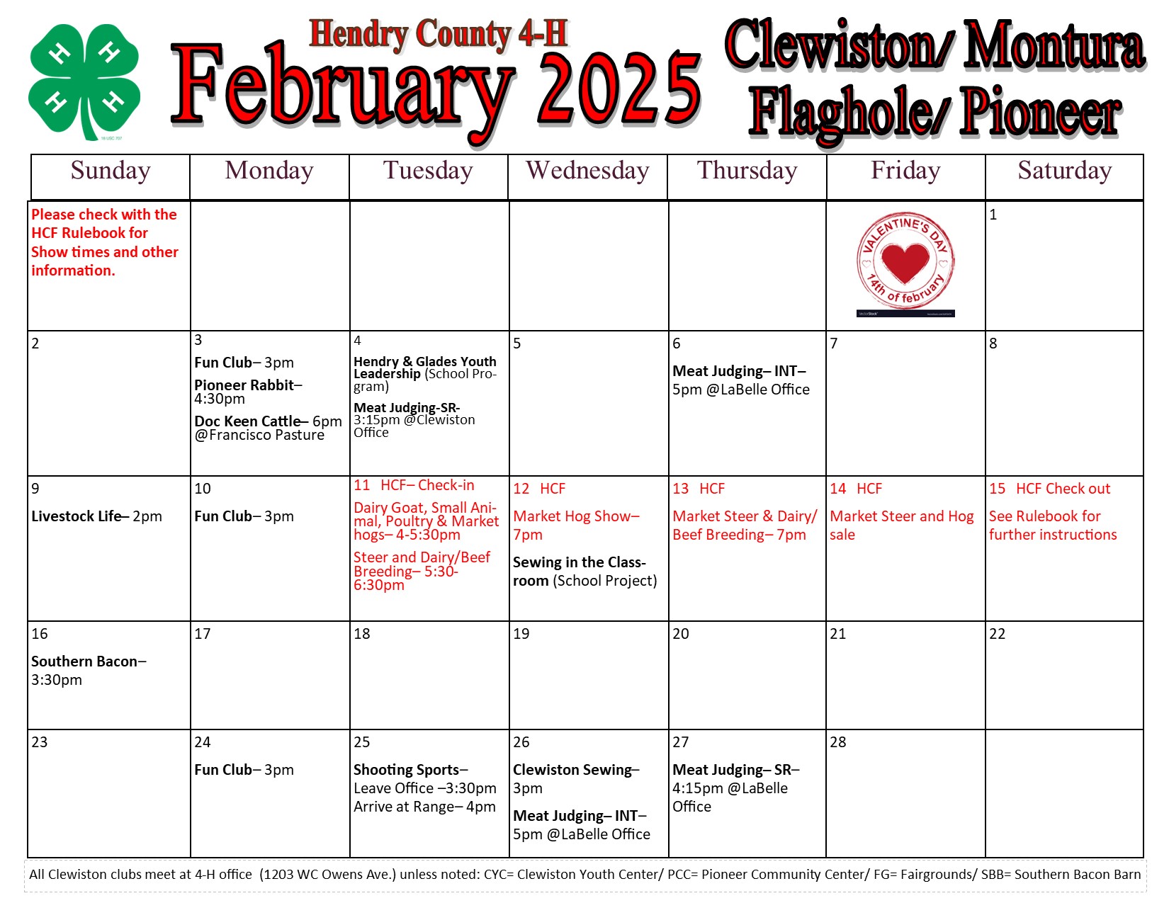 February Calendar for Clewiston