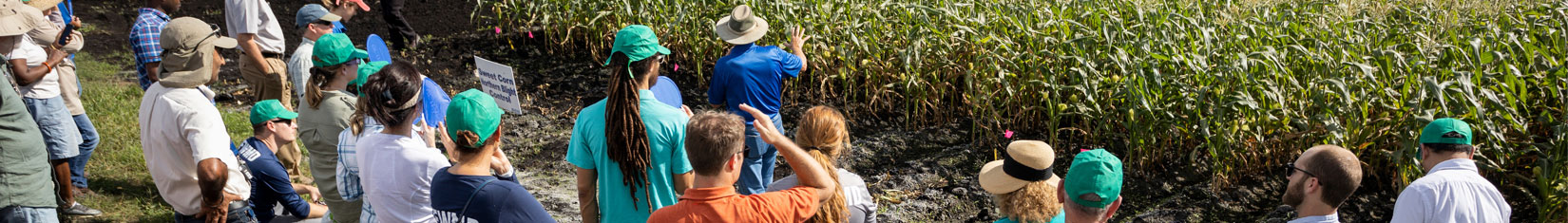 An instructor with a group of adults in a crop field.