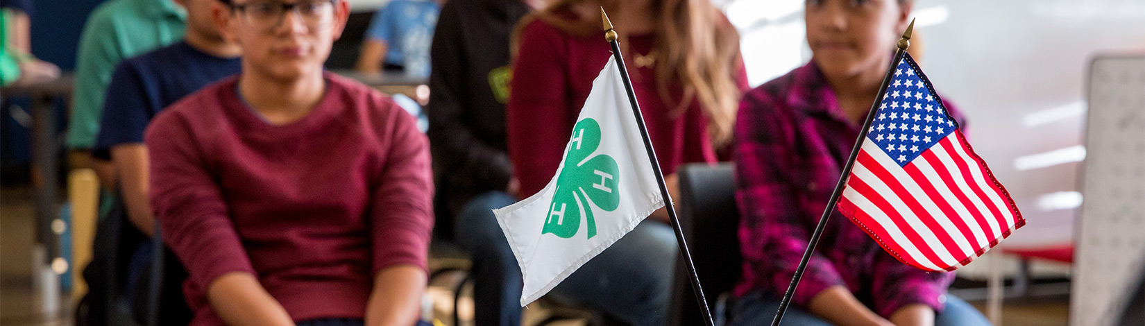 4-H flag and United States flag on desk with gavel in courtroom, 4H youth seated in background