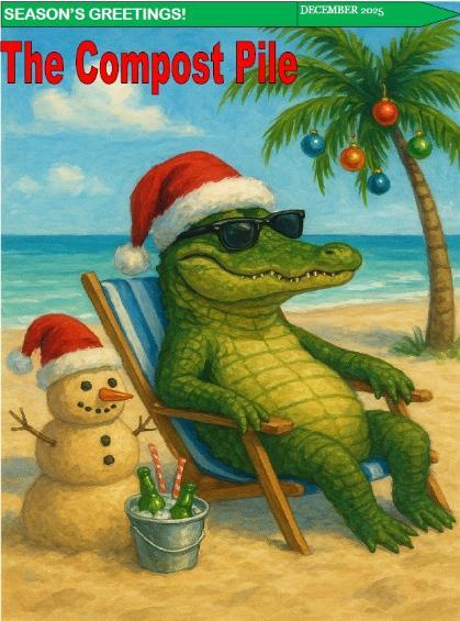 Gator in a Santa Hat sitting in a beach chair with a decorated palm tree and a sandy snowman