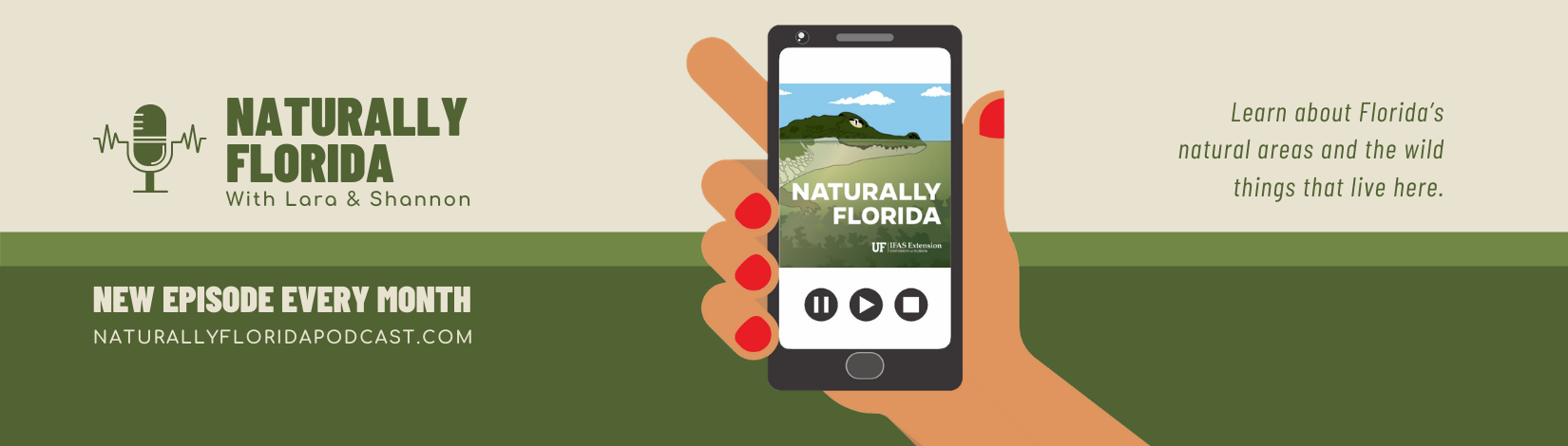 A cartoon hand with red nail polish holds a cellphone showing the Naturally Florida podcast logo. Th text reads, Naturally Florida with Lara and Shannon. New episode every month. www.naturallyfloridapodcast.com. Learn about Florida's natural areas and the wild things that live here.
