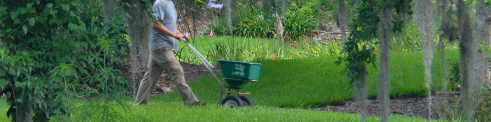 Man spreading fertilizer via wheelbarrow in landscape