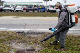 a sarasota county employee uses a leaf blower to clear debris near a storm drain. [credit: sarasota county government]