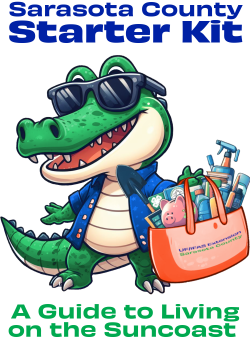 cartoon alligator carrying a uf/ifas extension sarasota county tote bag packed with led light bulb, gardening tools, savings documents, and other starter kit items