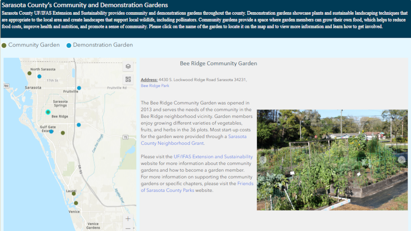 screenshot of community/demonstration gardens story map landing page