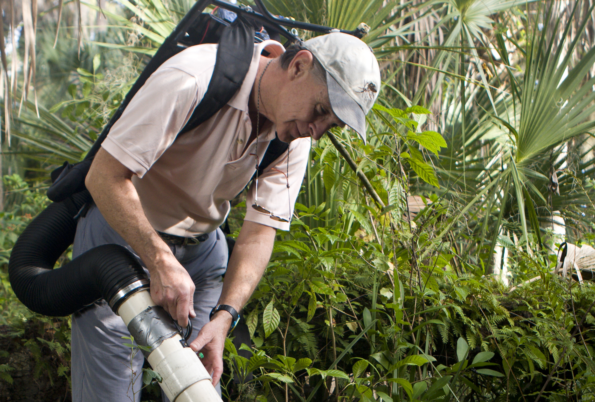 A man wearing a tank and carrying a pest control apparatus