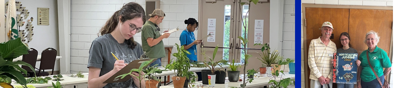 Indoor horticulture judging event with participants evaluating potted plants; inset shows three people holding a 'Horticulture Judging' banner