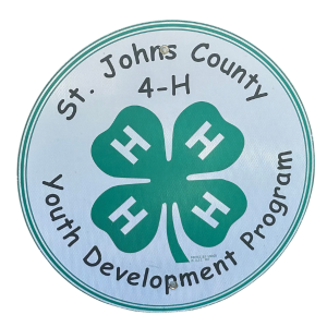 Circular emblem for the St. Johns County 4-H Youth Development Program featuring a green four-leaf clover with white 'H's on each leaf