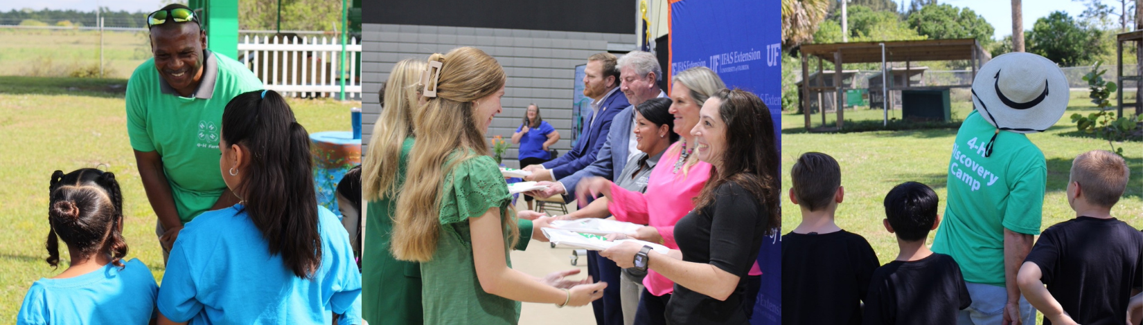 John Ferguson with students at farm, county council members giving yearbooks to BOCC and Wren with summer campers