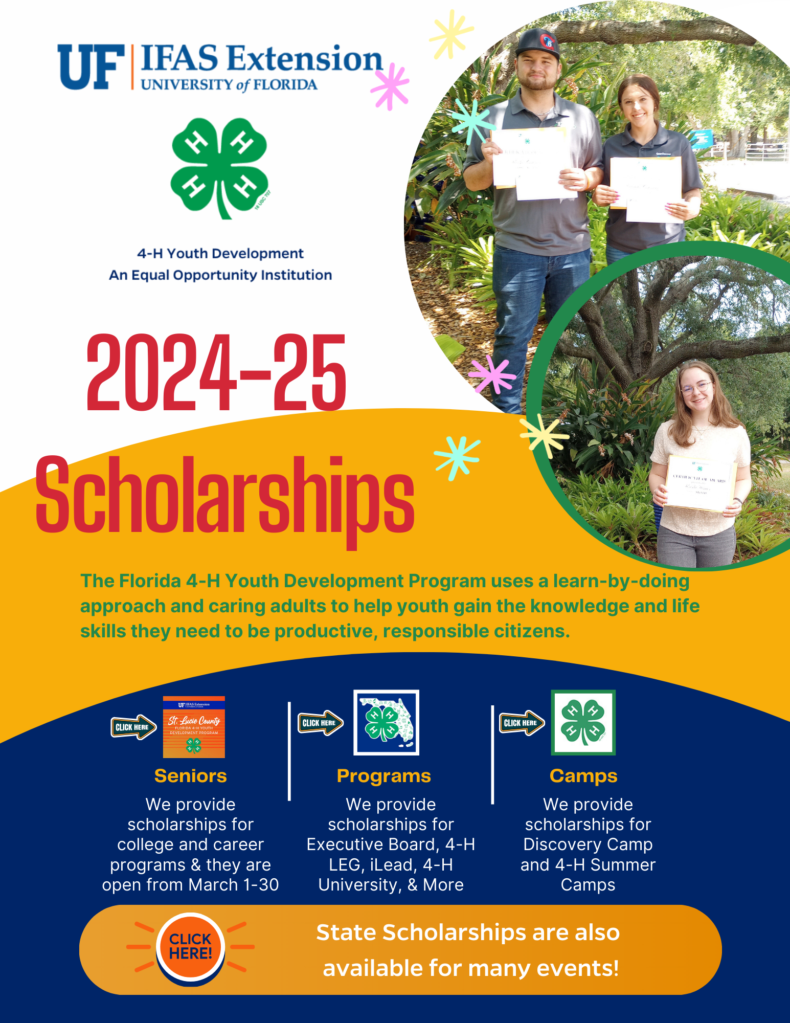 This is a flyer that details 4-H scholarships for seniors and for 4-h events and activities.