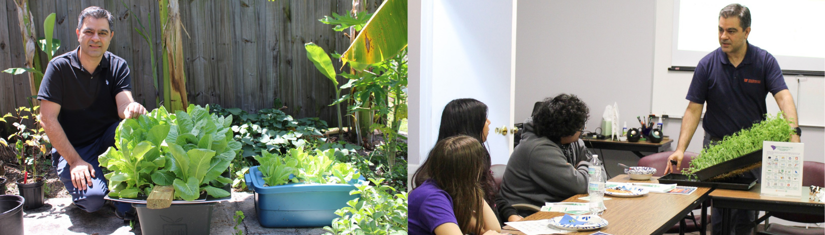 Amir with lettuce and Amir speaking to students about microgreens