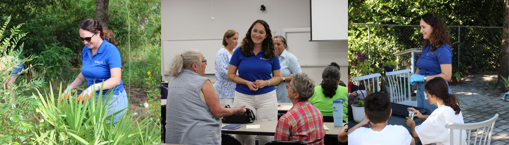 Sara (Urban Horticulture Agent) gardening with gloves, talking with master gardeners, and teaching children about gardening