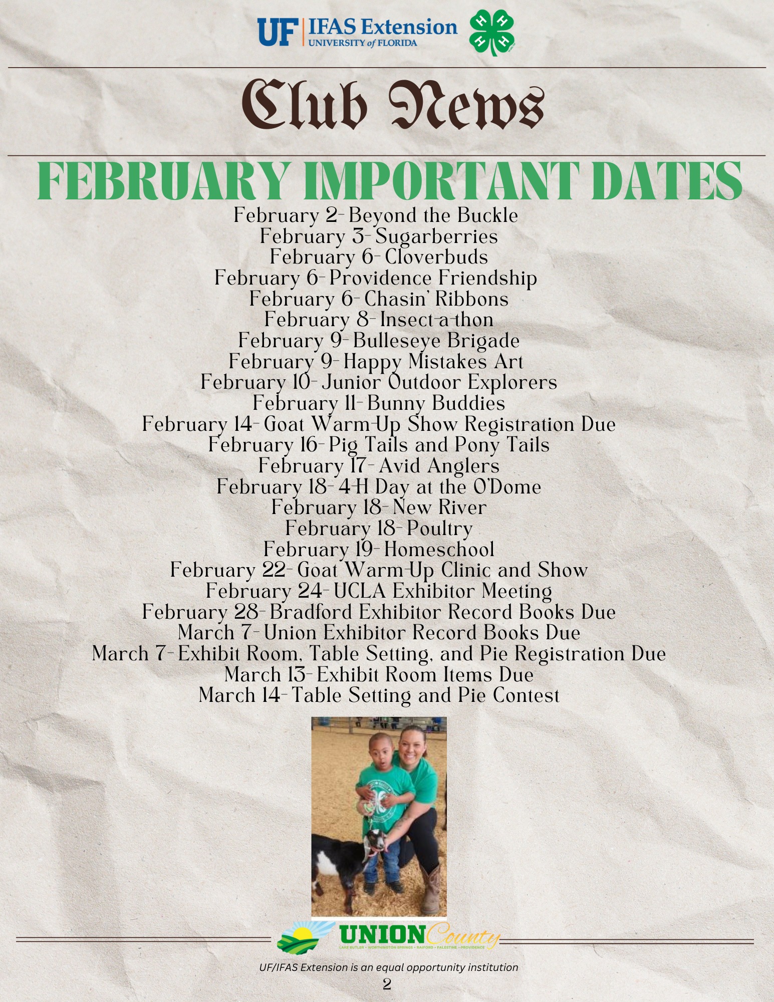 A newsletter page from Union County 4-H with important dates for February 2025.