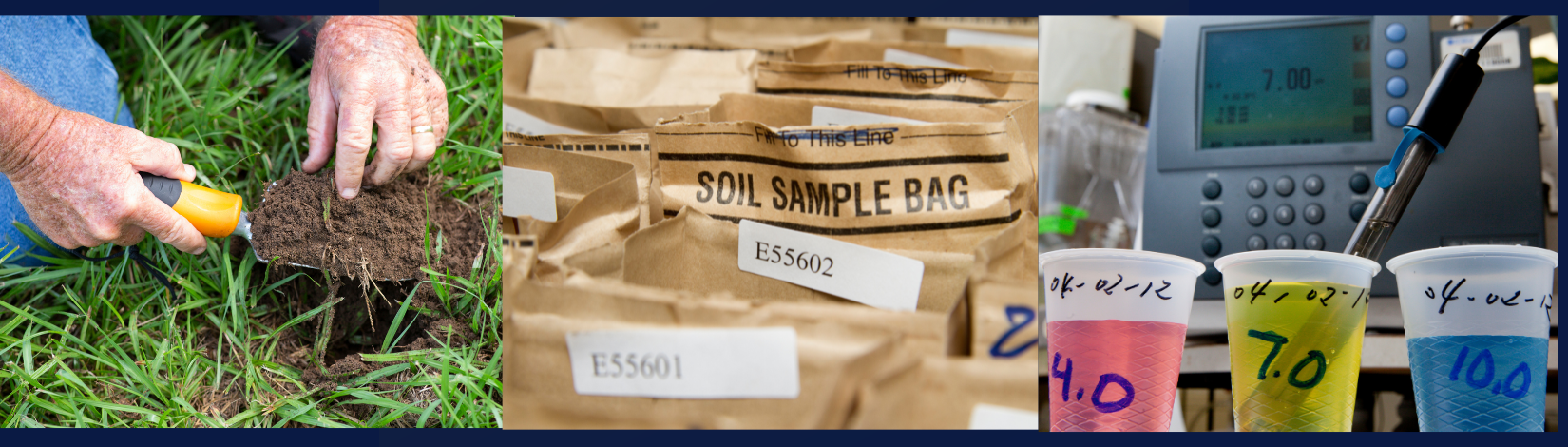 collage of soil in trowel, soil sample bags & ph solutions